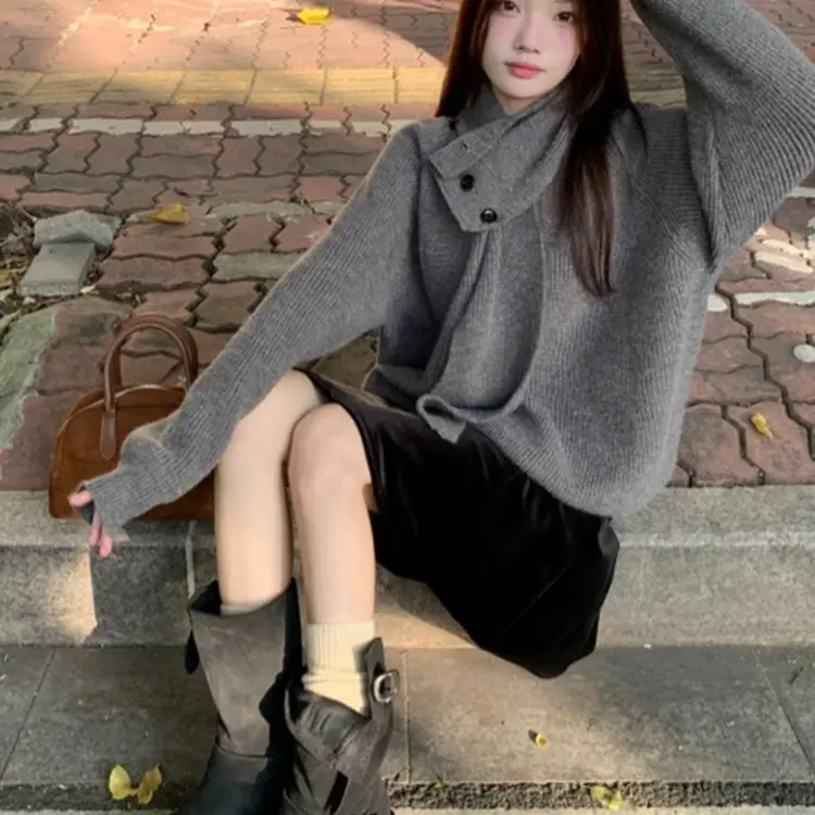 乐缘福利no退换可拆卸围巾宽松百搭慵懒风针织衫女