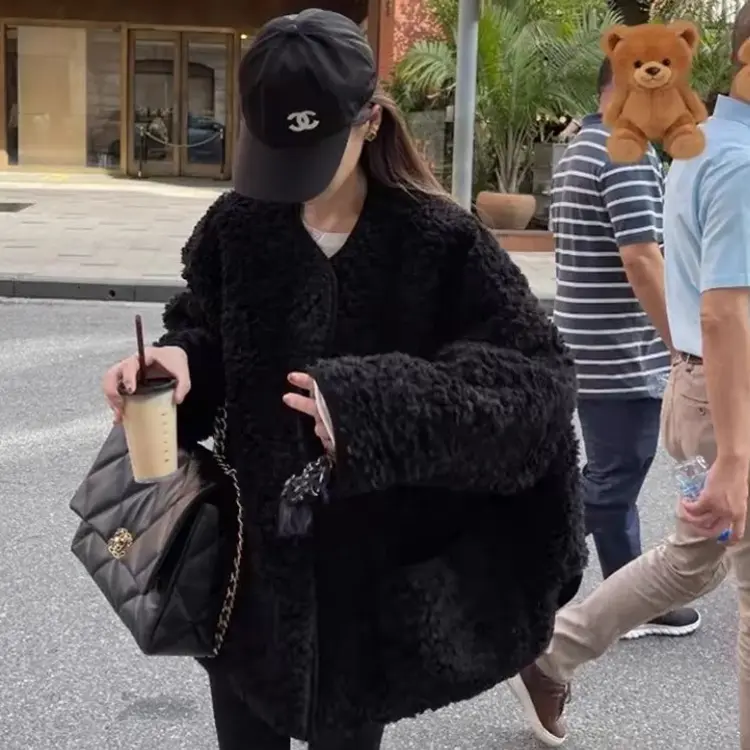 素SEUL澳洲棉羊毛圆领女长袖甜美清新短外套加厚韩版冬季小香风