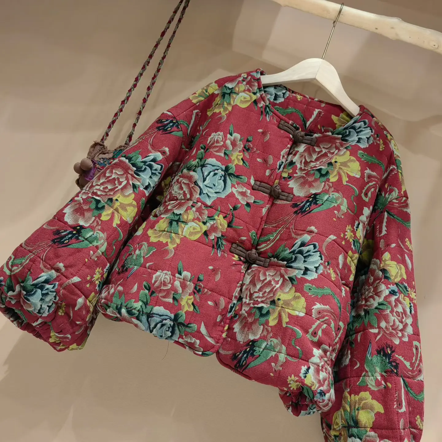 复古碎花盘扣冬季加绒加厚短款棉衣外套女宽松休闲保暖