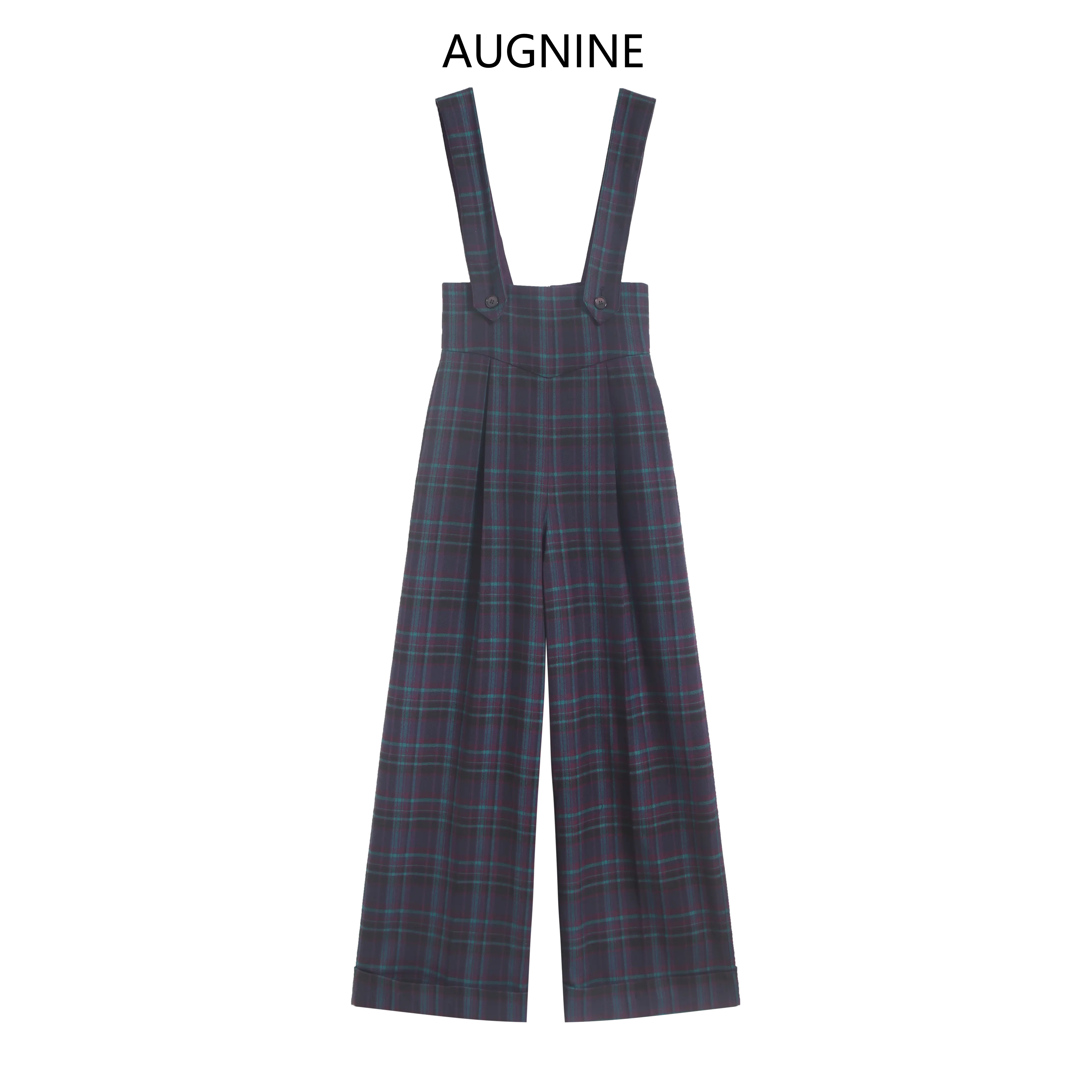 AUGNINE曼城旧时 格纹系羊毛收腰阔腿背带裤