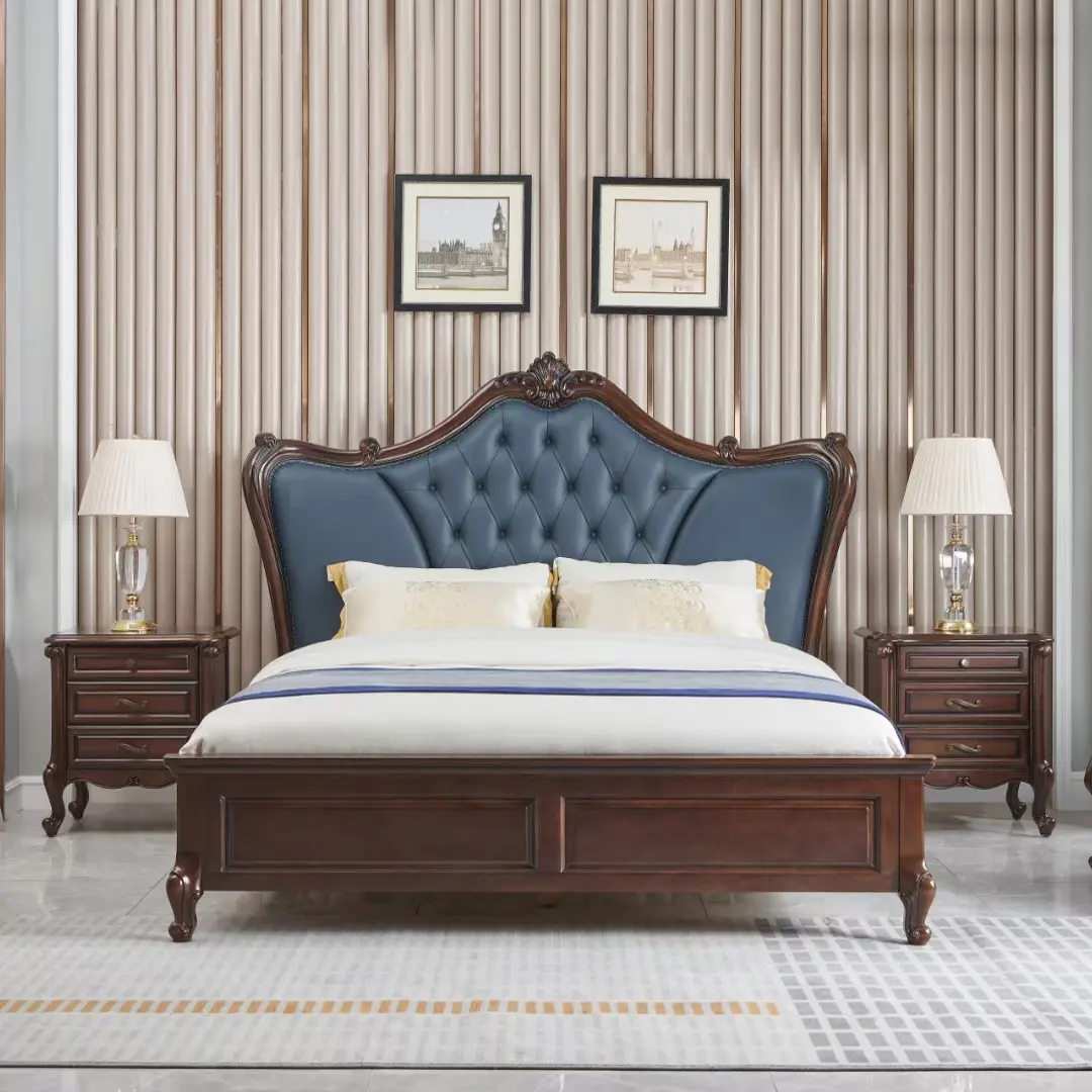 美式实木雕花床轻奢真皮软包主卧床婚床高箱储物原木米1.8米