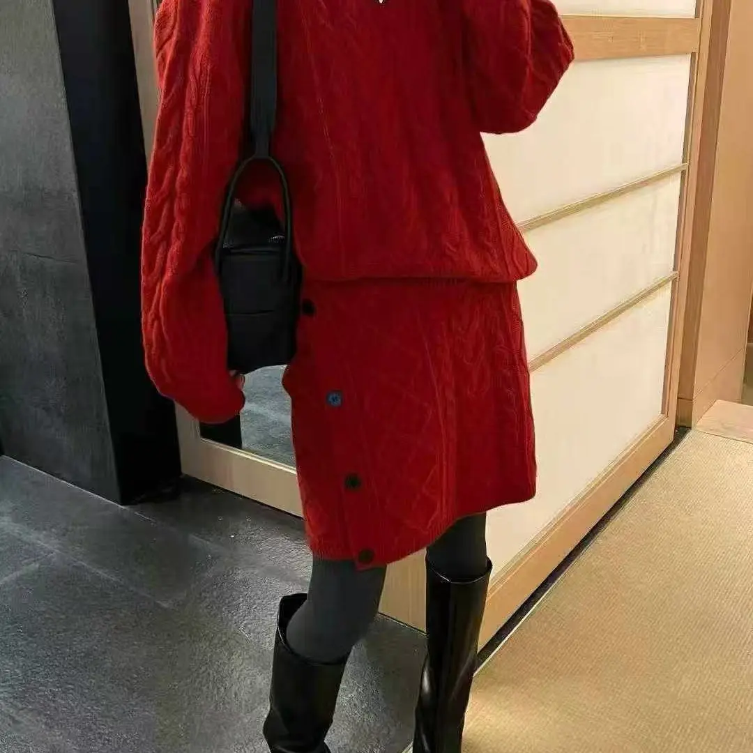 冬季新款绞花针织毛衣半身裙休闲套装女