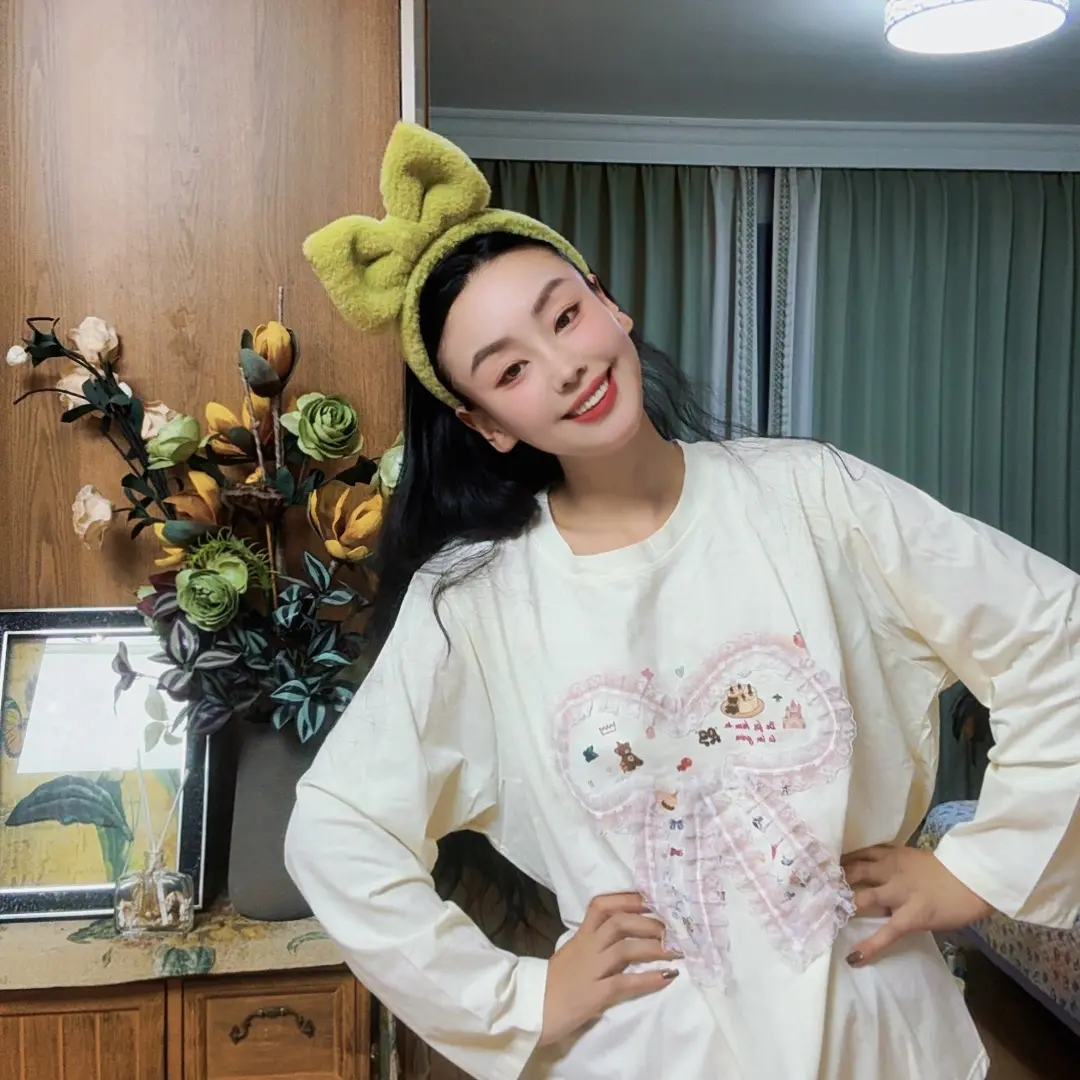 蝴蝶豹华夫棉春秋甜美蕾丝蝴蝶结卡通长袖长裤家居服套装女