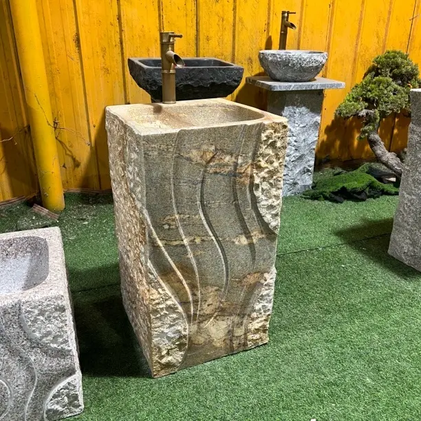 庭院户外花园立柱式天然大理石一体洗手盆石头水槽