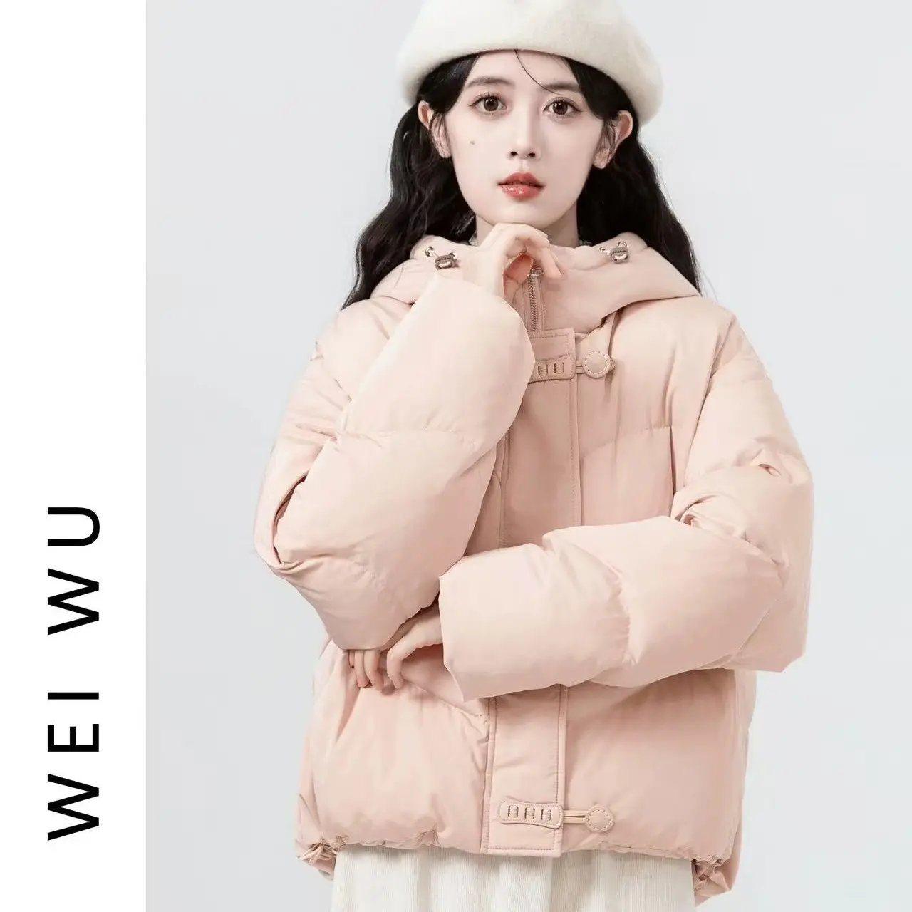 W041女式连帽短款冬季新款韩版加厚保暖白鸭绒面包服外套