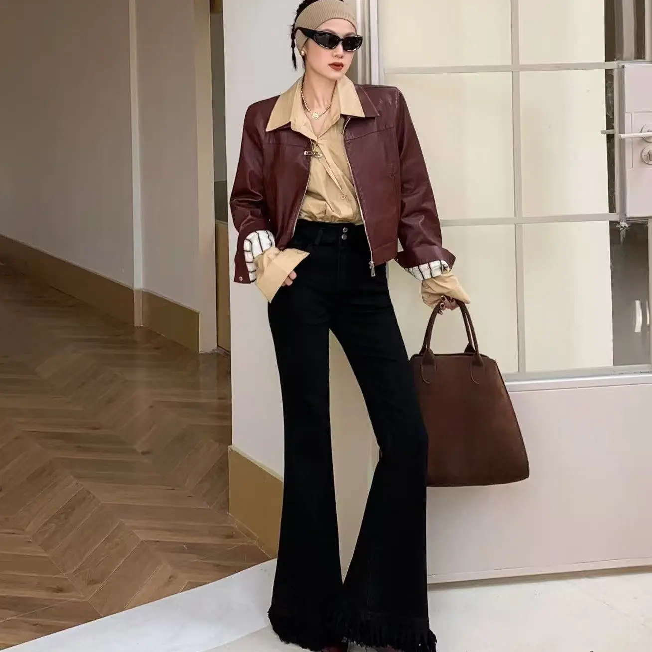 LIN ZONG复古高腰微喇牛仔裤显瘦百搭长裤