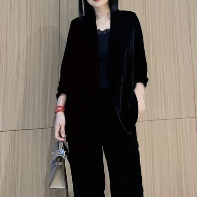 简约大气显瘦真丝丝绒一粒扣百搭西服