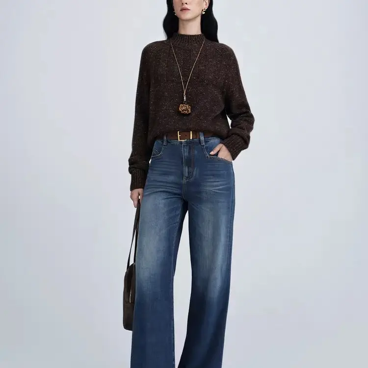 N.P秋冬新款高腰深蓝直筒，宽松显瘦时尚牛仔裤，百搭