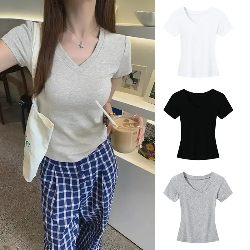 正肩短袖t恤女款夏季设计感收腰显瘦春弧形下摆不规则短款v领上衣