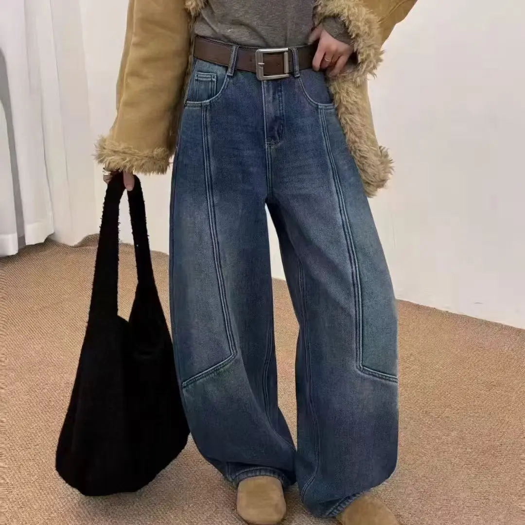 复古加绒加厚高腰宽松百搭拖地弯刀牛仔裤女冬季蓝色！尺码25-30