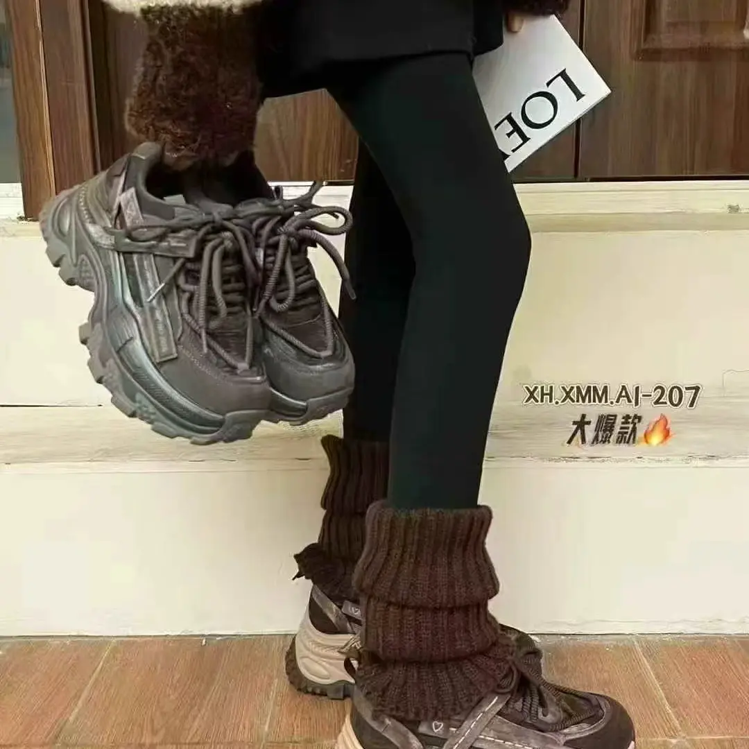 秋冬加绒真皮厚底老爹鞋女鞋复古拼色软底百搭增高休闲运动鞋