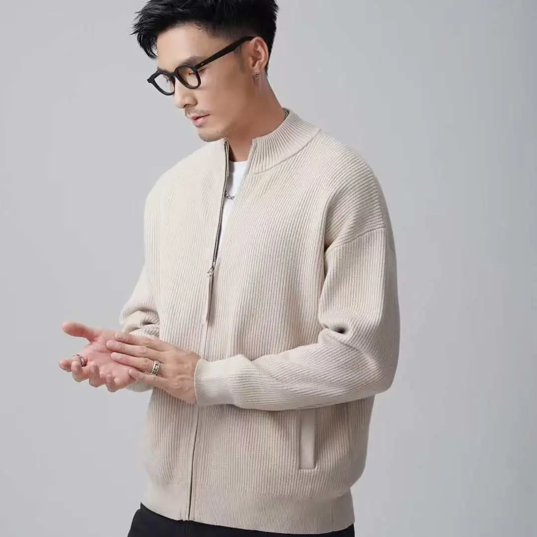 秋冬双拉链立领针织开衫男韩版潮流纯色显瘦保暖休闲夹克外套毛衣