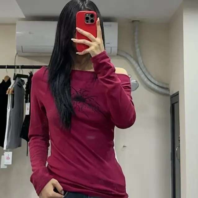 渐变长袖通勤斜领休闲风圆领T恤网红高领ins酒红色