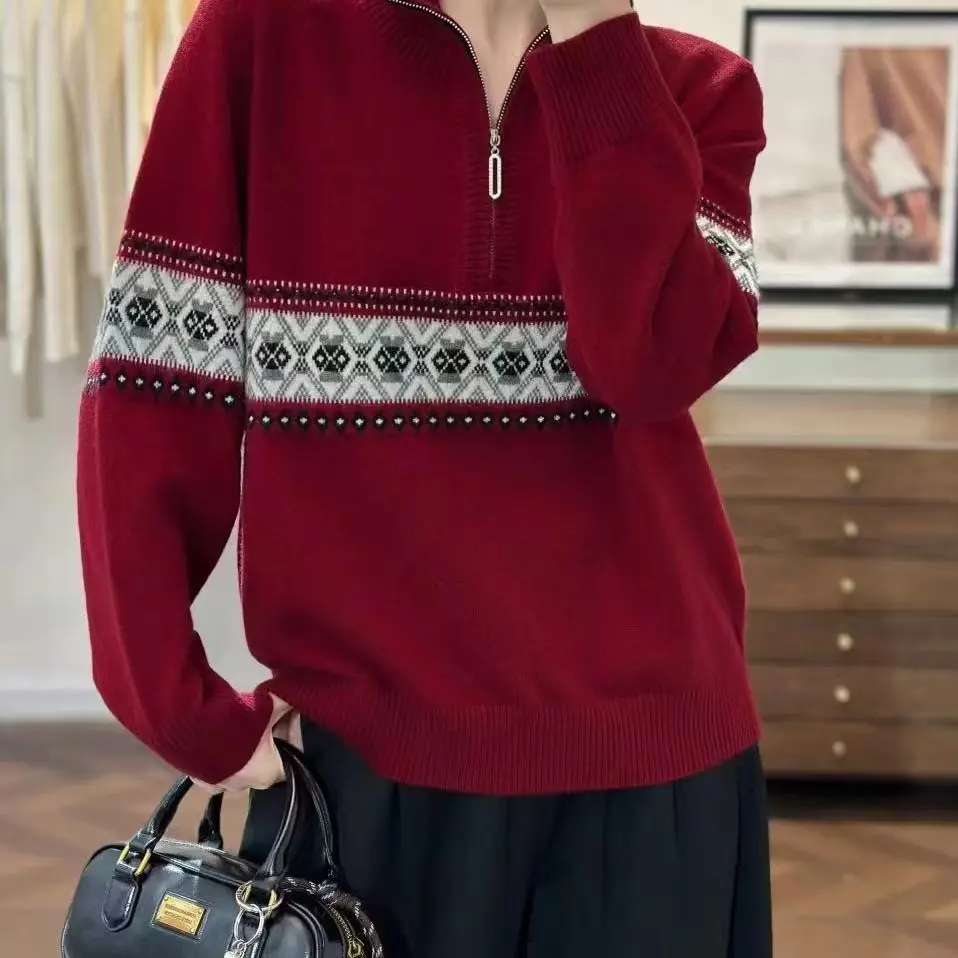 秋冬女士半拉链加厚费尔岛风格羊毛针织衫可外穿百搭