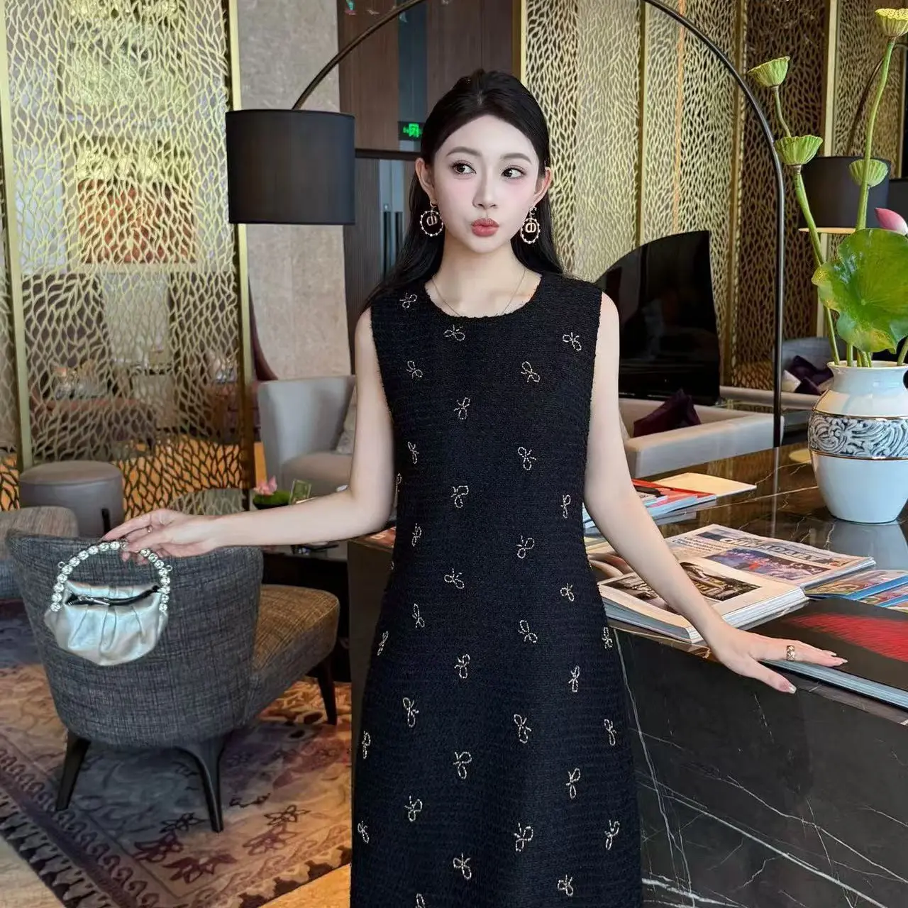 彬彬家秋冬小香风无袖背心裙法式蝴蝶结刺绣显瘦气质高级感888