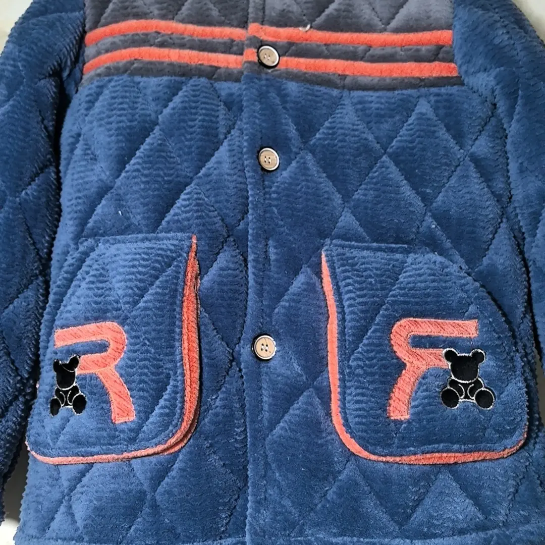 男士冬季三层夹棉加厚加绒保暖珊瑚绒纽扣家居服套装睡衣