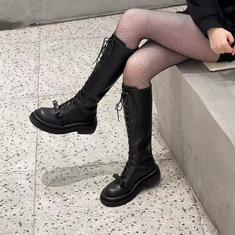 8523 厚底绑带高筒靴女圆头松糕及膝长靴2024新款冬高跟骑士靴
