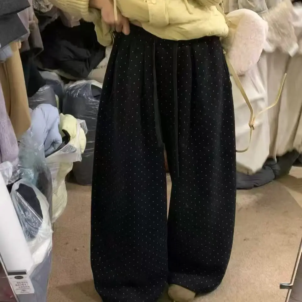 加绒韩系波点阔腿休闲裤