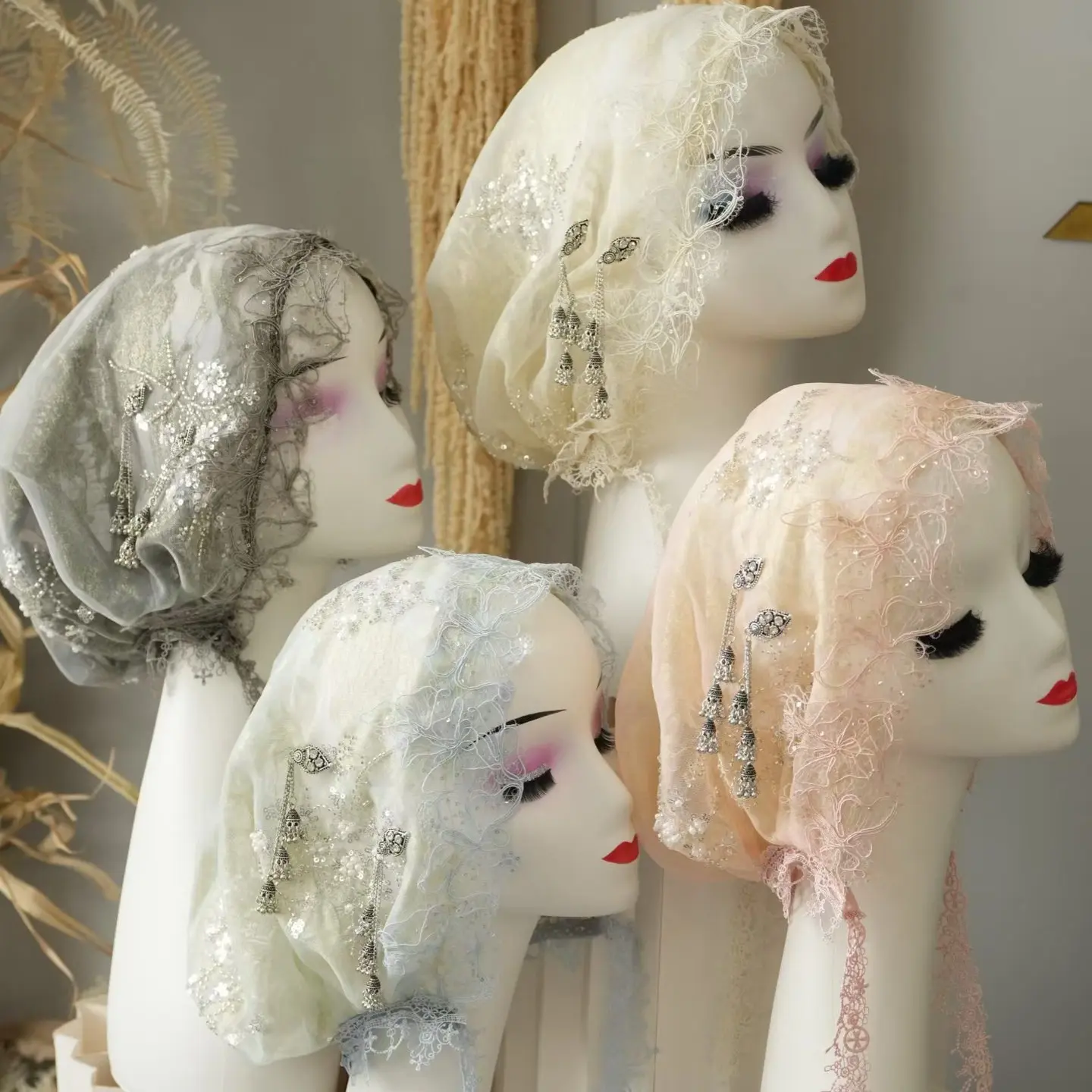 重工麦穗丝带手工缝制飘带蕾丝流苏披肩包头帽女士百搭新款