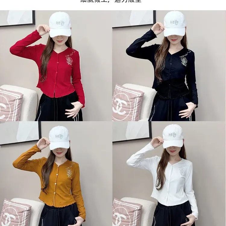 纤伽【高品质/玫瑰闪钻】C268新品开衫长袖辣妹玫瑰烫钻修身上衣