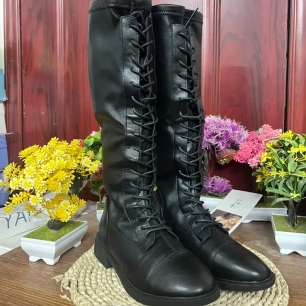 缘缘(39码）秋冬加绒平口不过膝显瘦绑带高筒女鞋3125