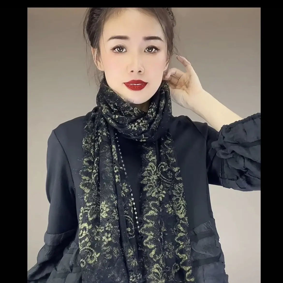 薄款蕾丝保暖网红长款围巾时尚黑色秋冬围脖冬季百搭