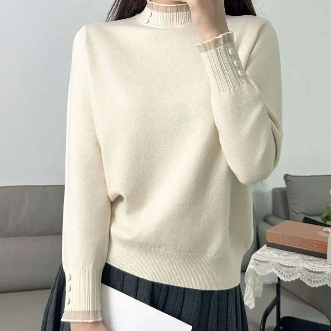 秋冬新款木耳领长袖百搭女士打底针织毛衣上衣