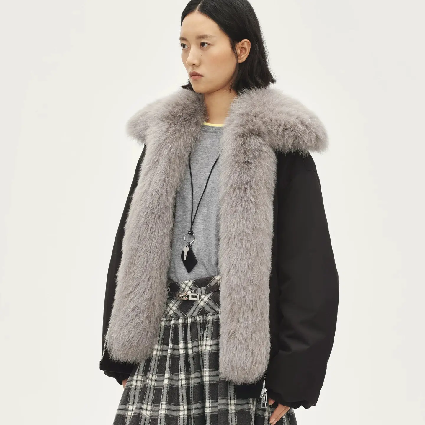 AVVENN黑色飞行员夹克版型可拆毛领派克服 羽绒