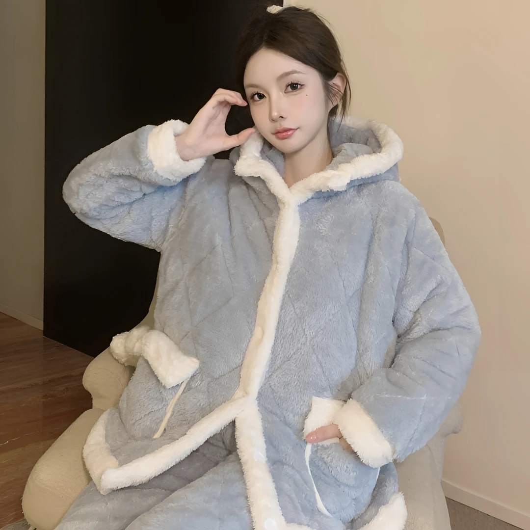 泡芙【三层夹棉加绒】2025夹棉睡衣加绒加厚冬季家居服套装女连帽