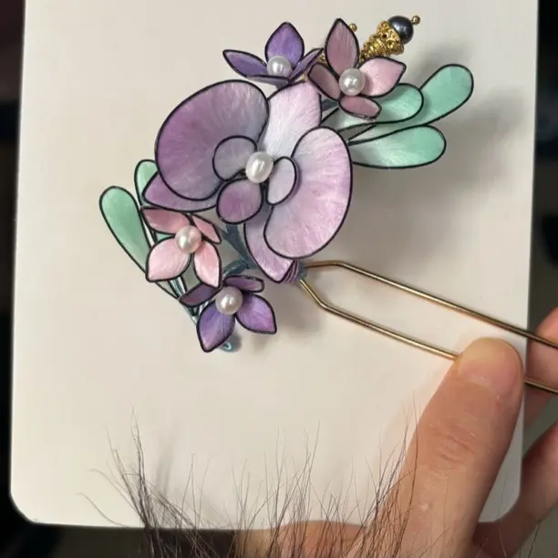 非遗绒花掐丝绒花蝴蝶兰纯手工制作发饰现货