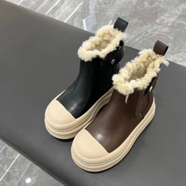 加绒胶粘圆头增高保暖中帮厚底高帮休闲板鞋