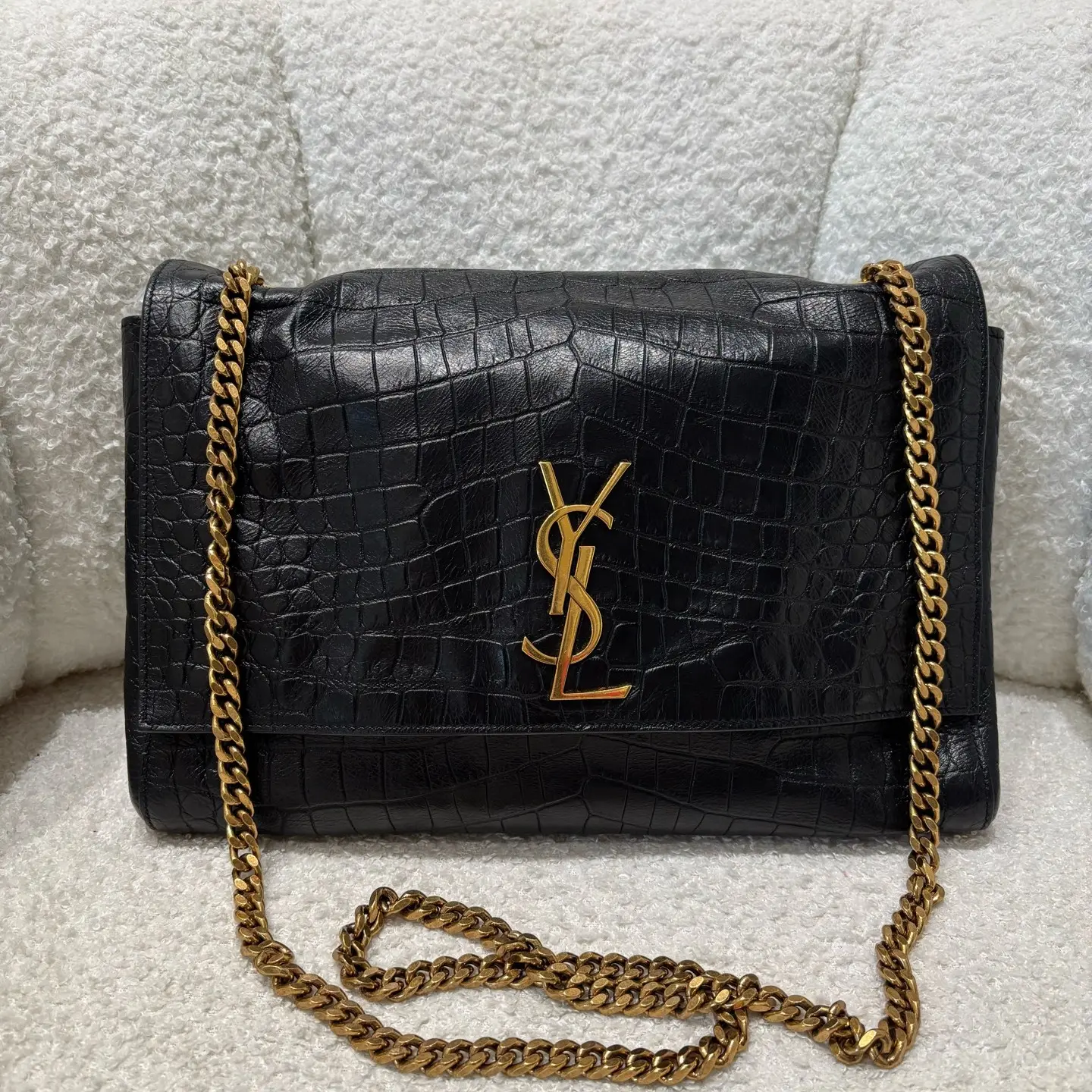 99新 YSL/圣罗兰  N1219 YSL黑金双面kate 鳄鱼压纹包 内里麂皮
