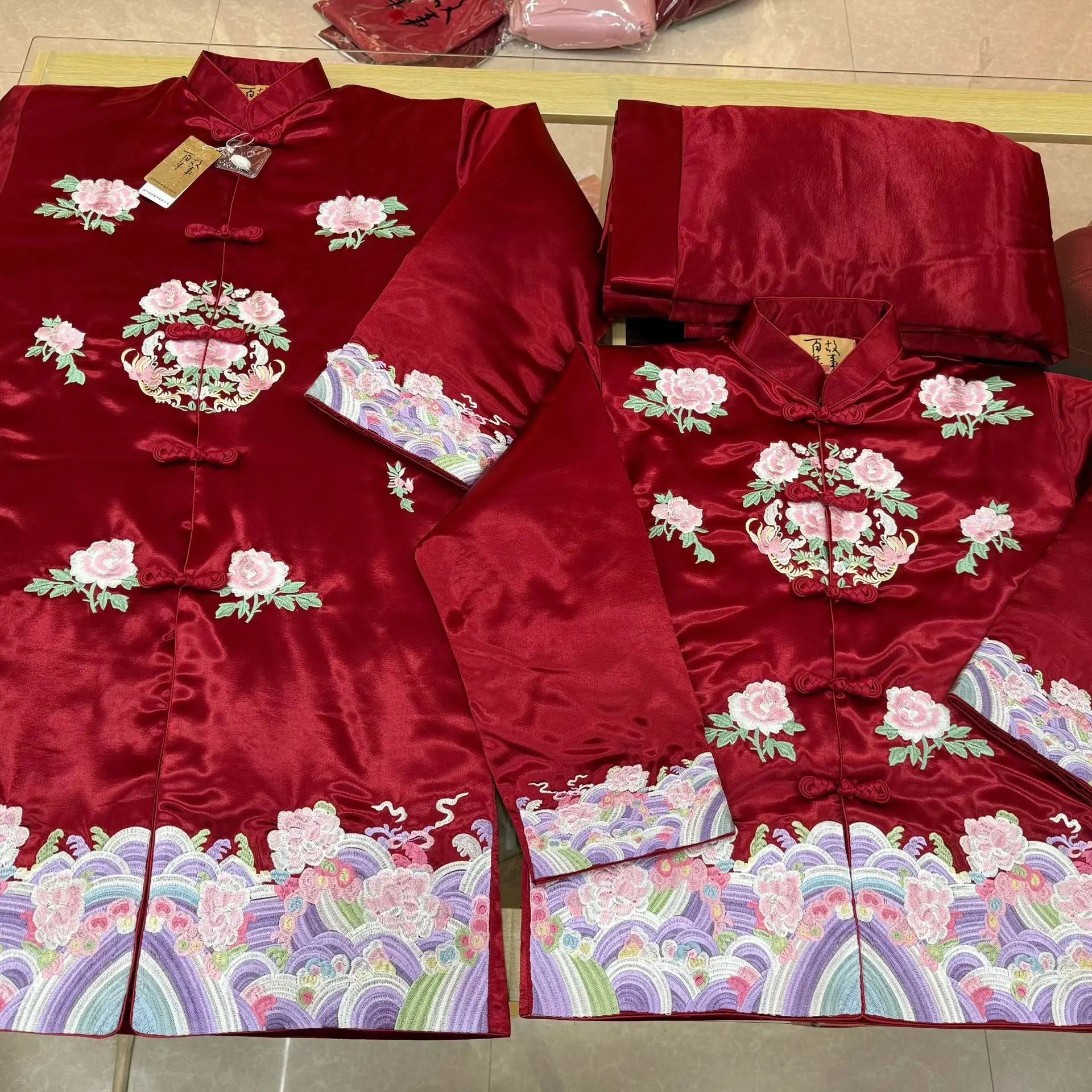 新中式女士寿服牡丹绣花立领直襟加棉长袖外套百年服喜庆上衣