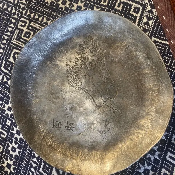 锡制纯手工刻绘锻打壶承干泡盘