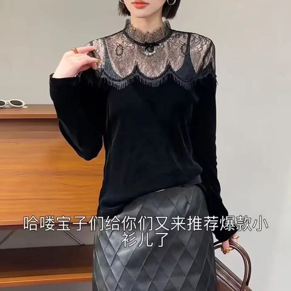 兰兰家新款秋款欧货丝绒蕾丝拼接长袖气质百搭上衣