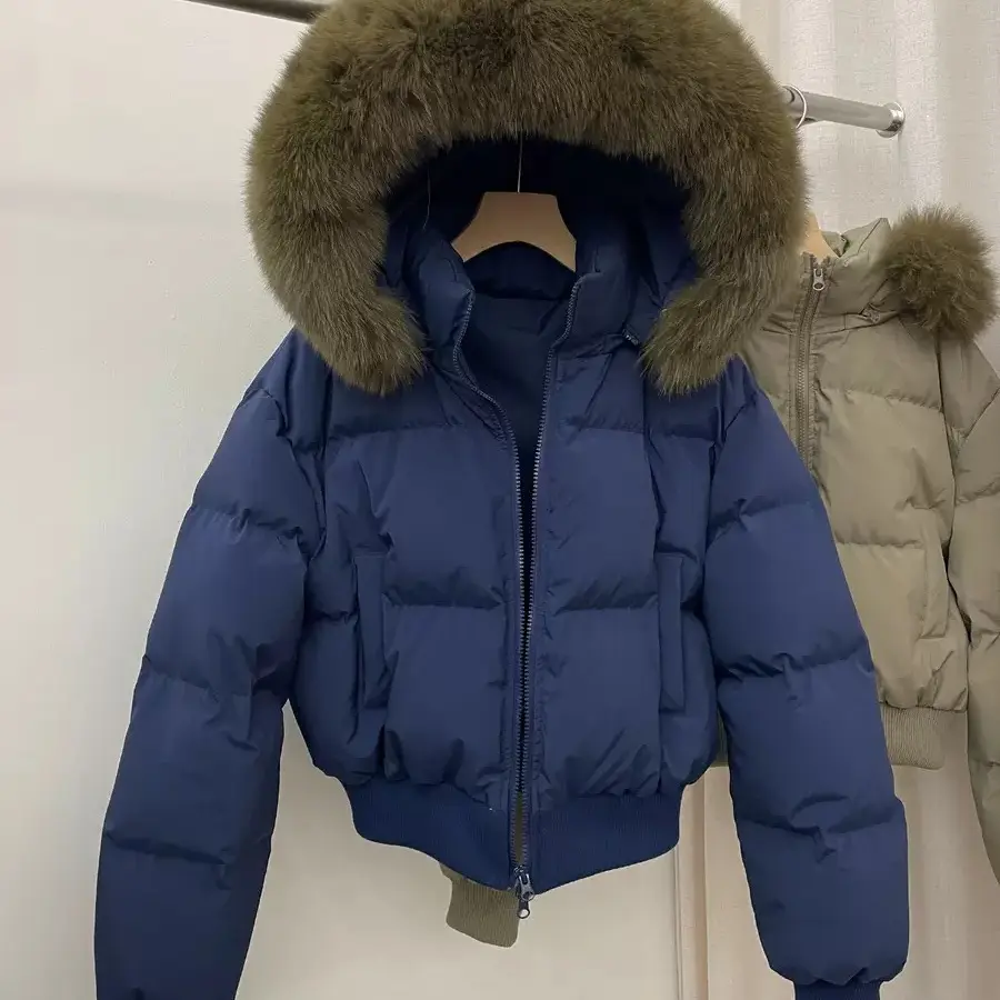 短款女连帽高腰加厚大毛领冬季小个子收腰外套潮