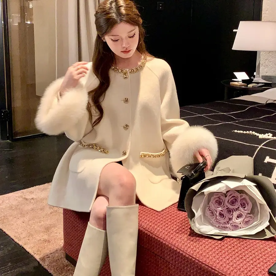 【设计师定制】秋冬新款手工钻领双面毛呢大衣女富家千金质感外套