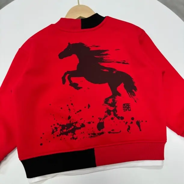 加绒童装冬装套装新年男童拜年服男大童中国风红色单马卫衣裤子