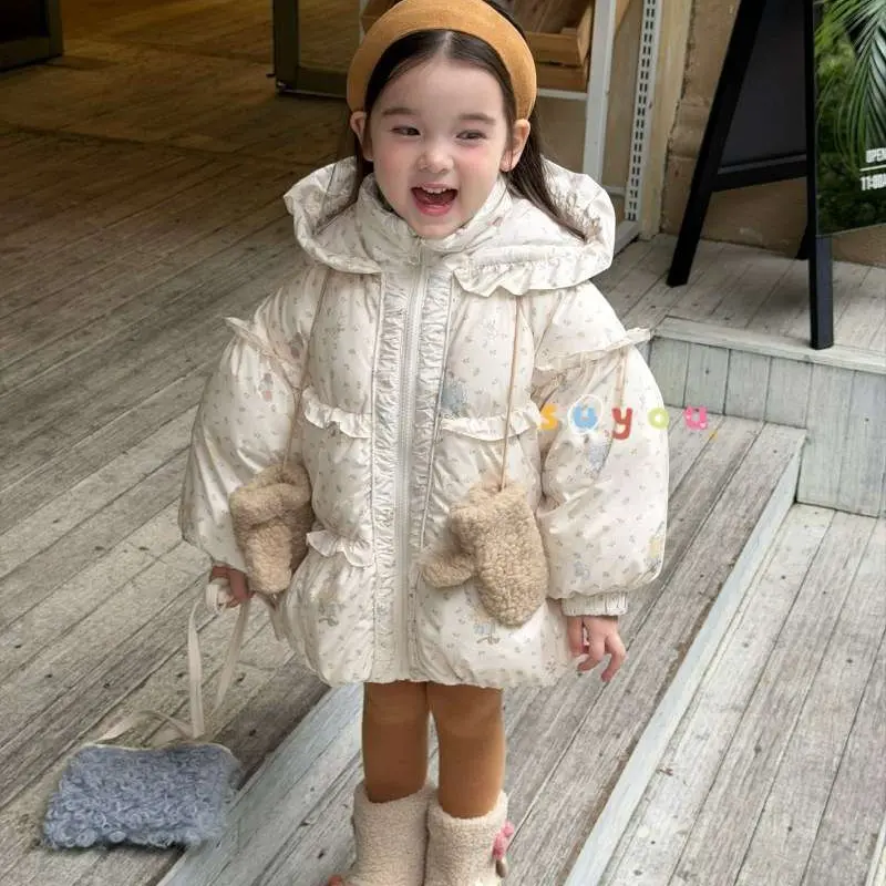 苏右 （现货）女童碎花中长款冬装加厚韩版女宝宝小童洋气羽绒服