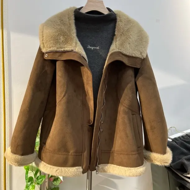 翻领短外套女冬季加绒加厚麂皮绒夹克复古宽松百搭保暖上衣女款