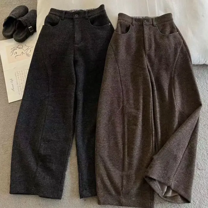 秋冬加绒毛呢高腰弯刀裤显瘦宽松阔腿休闲气质百搭女裤