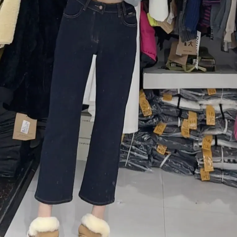 88127（拍一发二）秋季韩系窄版薄绒直筒牛仔裤高腰弹力显瘦百搭