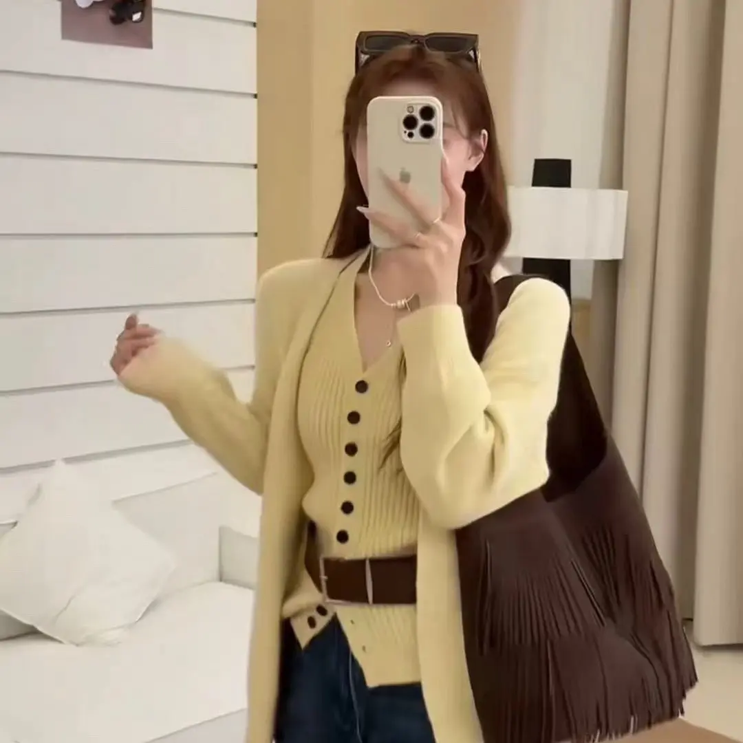 韩系慵懒风针织开衫外套挂脖吊带背心秋冬软糯毛衣两件套