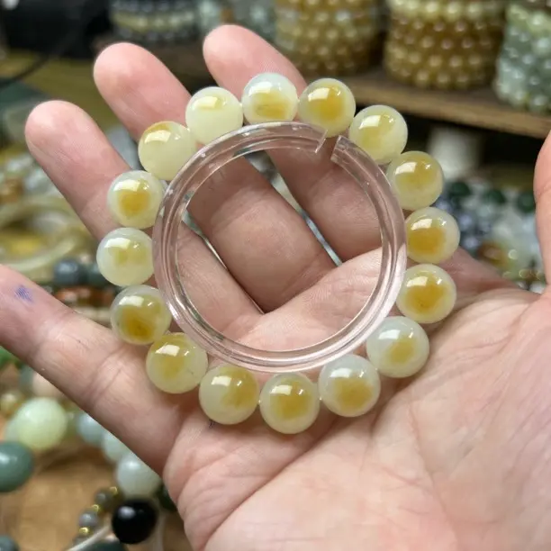 和田玉且末糖白圆珠手串带礼盒证书