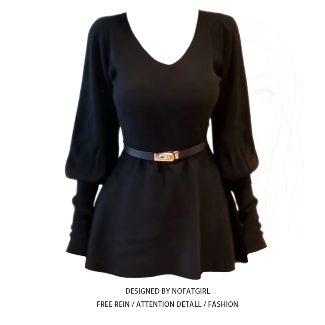 大码胖妹妹法式赫本风灯笼袖长袖加绒T恤女秋冬收腰显瘦打底衫