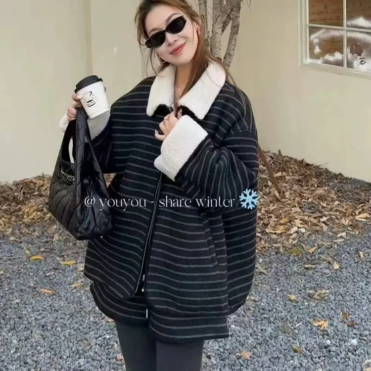 n～不挑人舒适区韩版条纹加绒卫衣外套短裤套装