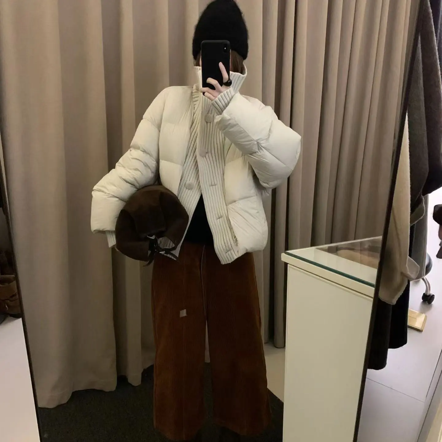 【如意】白鸭绒针织拼接立领短款小个子韩系宽松保暖外套女