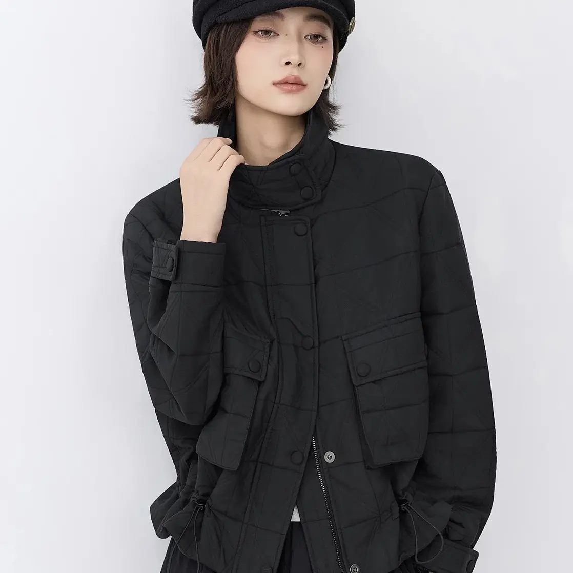 江江大码秋冬新款时尚百搭暗花菱形格棉衣外套黑色