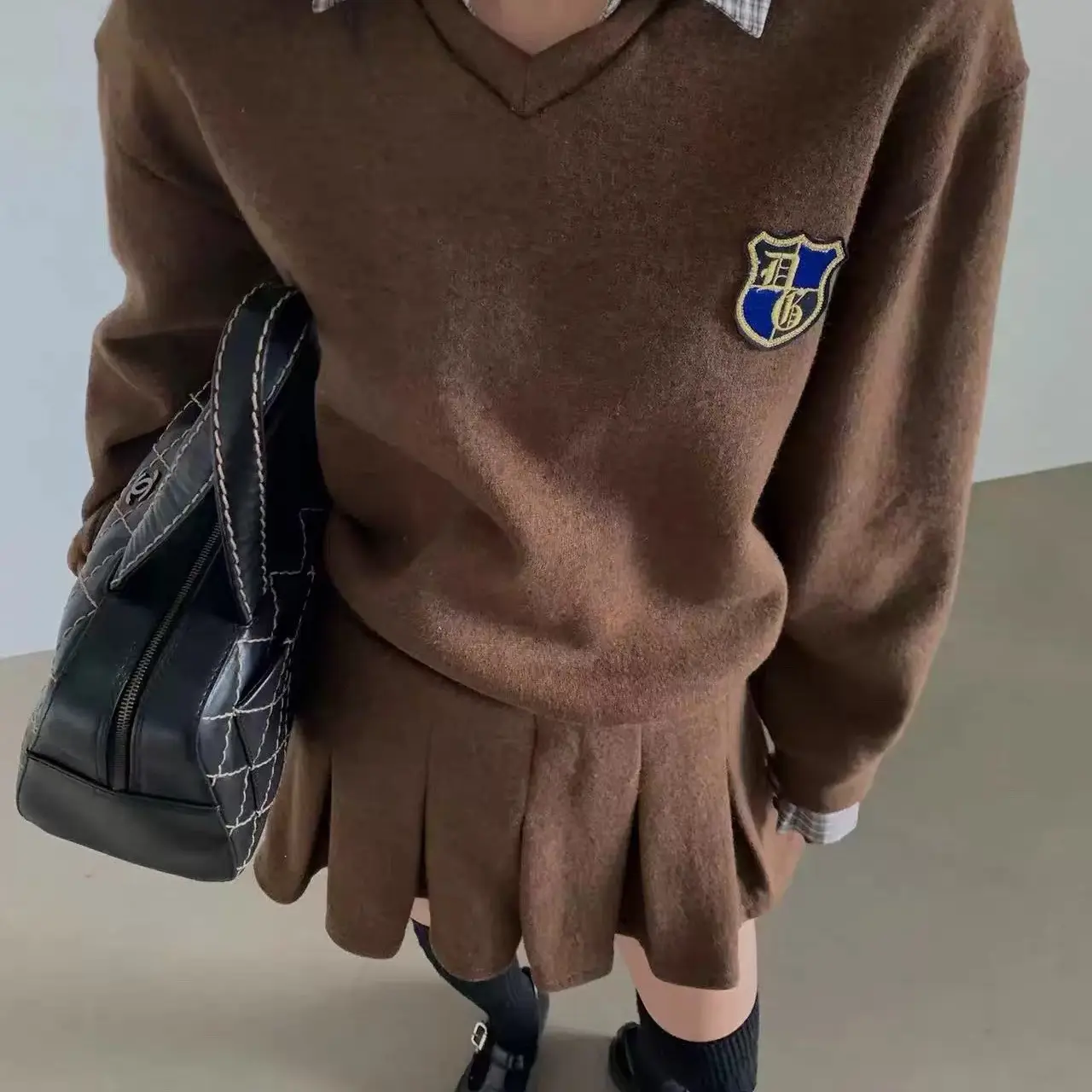 韩系慵懒假两件针织衫搭配高腰松紧腰百褶裙秋冬时尚套装女