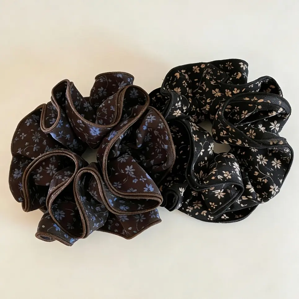 复古温柔咖色蓝碎花四层大肠发圈高级感丸子头马尾扎头绳秋冬发饰